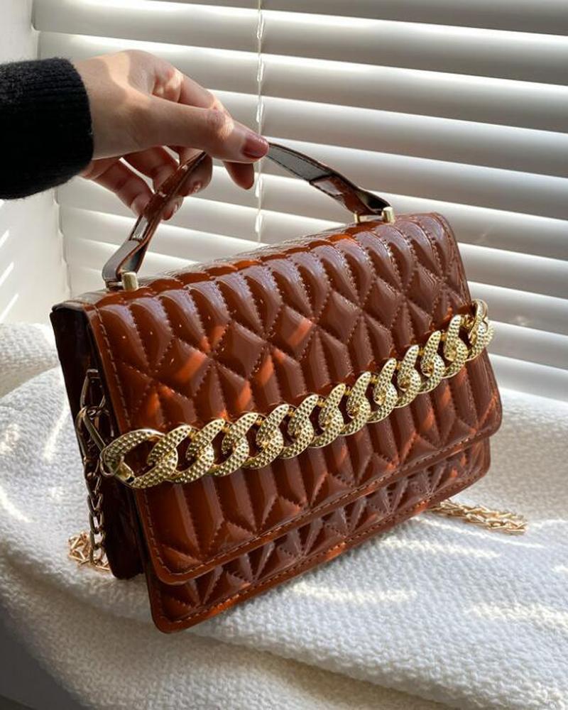 

Quilted Chain Strap Flap Shoulder Bag With Handle, Brown
