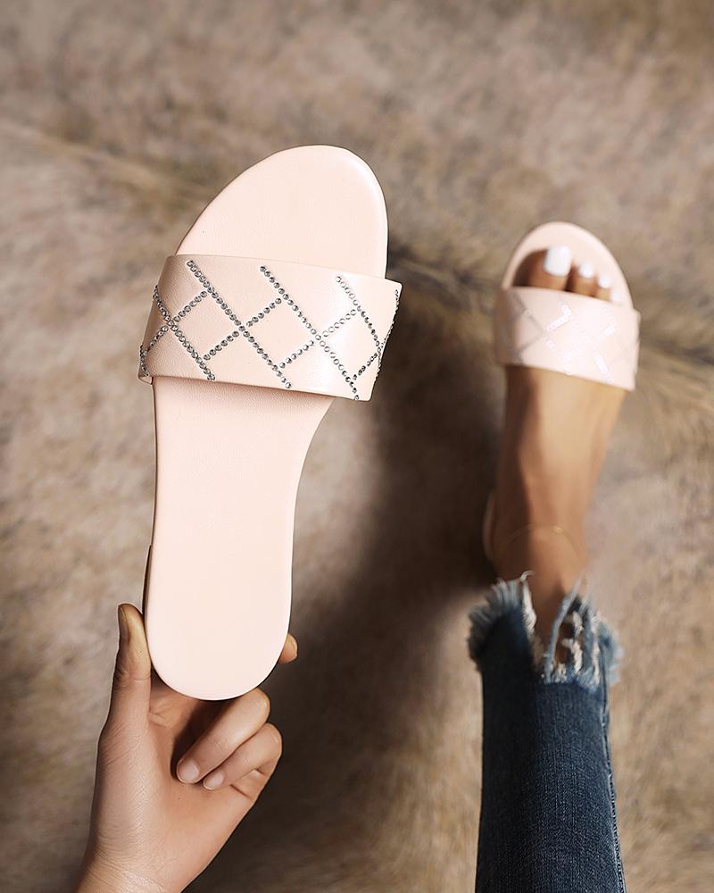 

Round-toe Solid Color Splicing Rhinestone Strap Flat Sandals, Light pink
