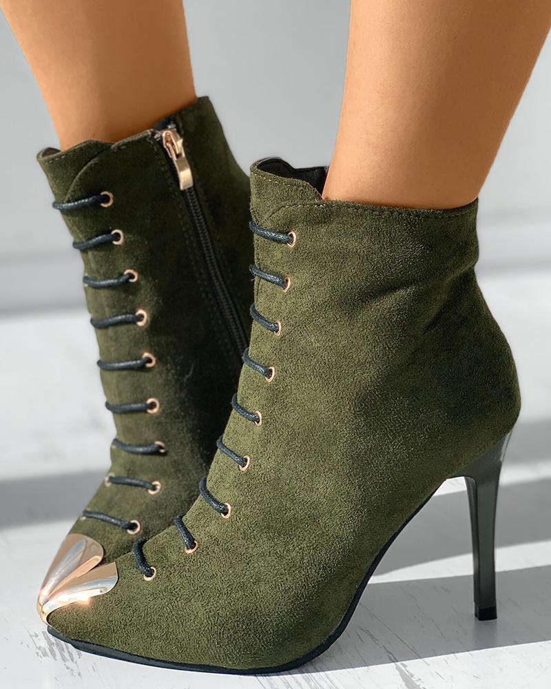 

Metal Decor Eyelet Pointed Toe Stiletto Heels, Army green