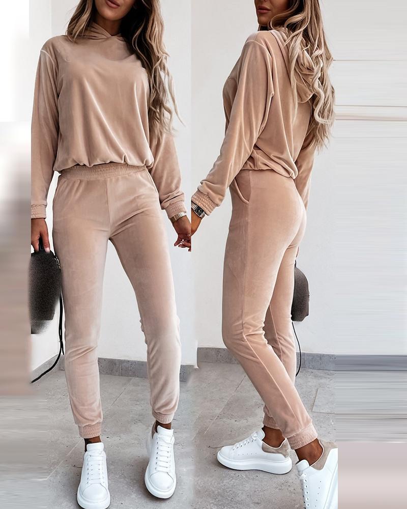 

Velvet Hooded Top & High Waist Pants Set, Pink