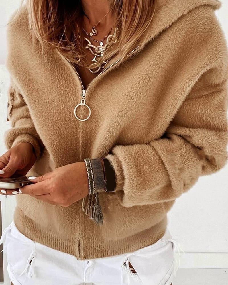 

Fluffy Zipper Design Long Sleeve Hooded Coat, Khaki
