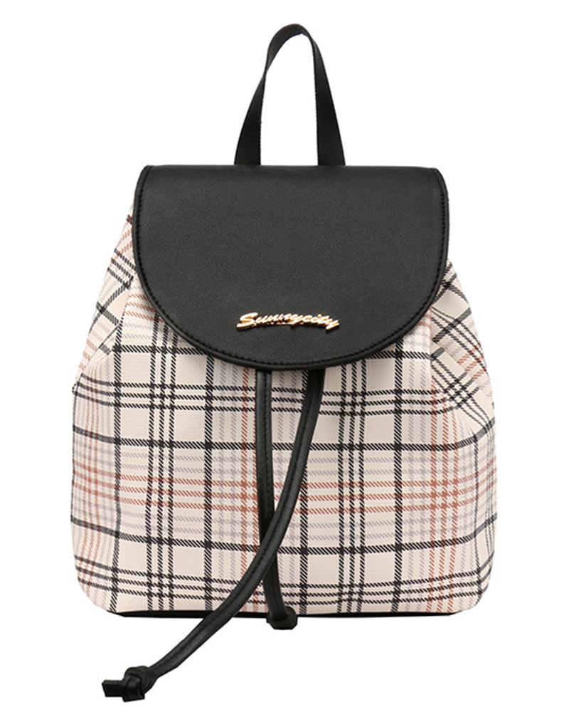 

Plaid Print Colorblock Backpack Trendy School Bag, Black