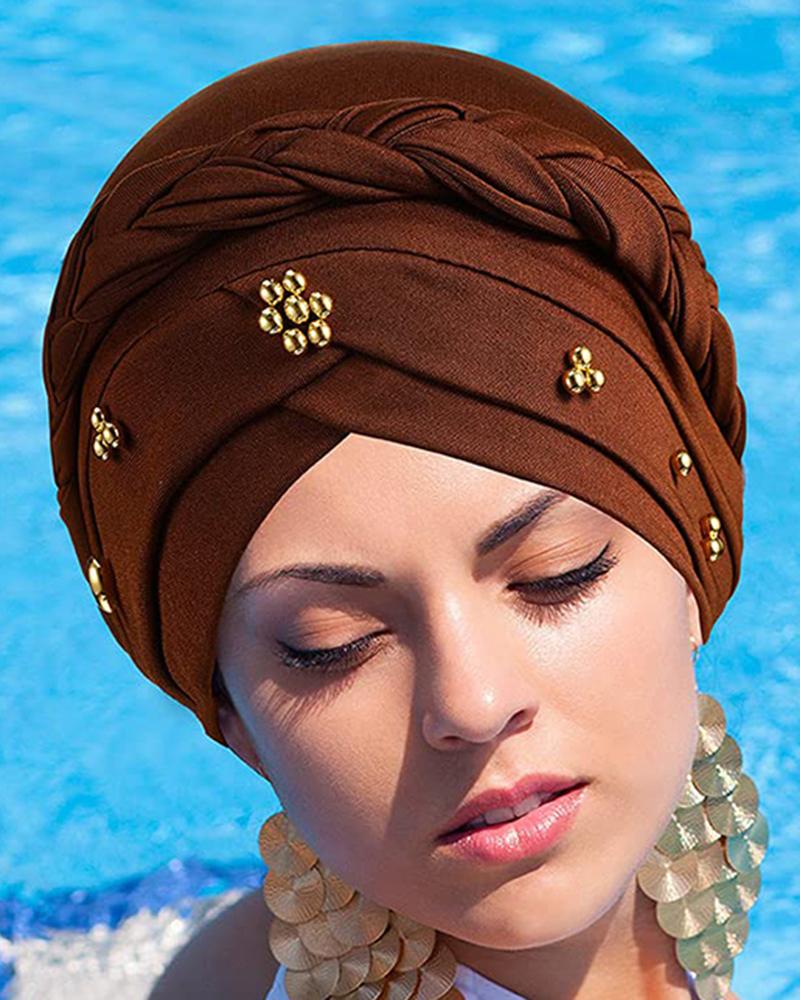 

Studded Headwrap Braided Turban Cap Beaded Beanie Hat, Coffee