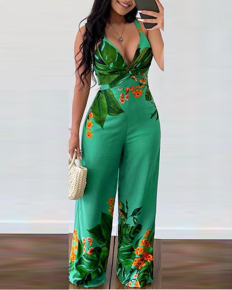 

Tropical Print Plunging Neck Twist Design Jumpsuit, Green