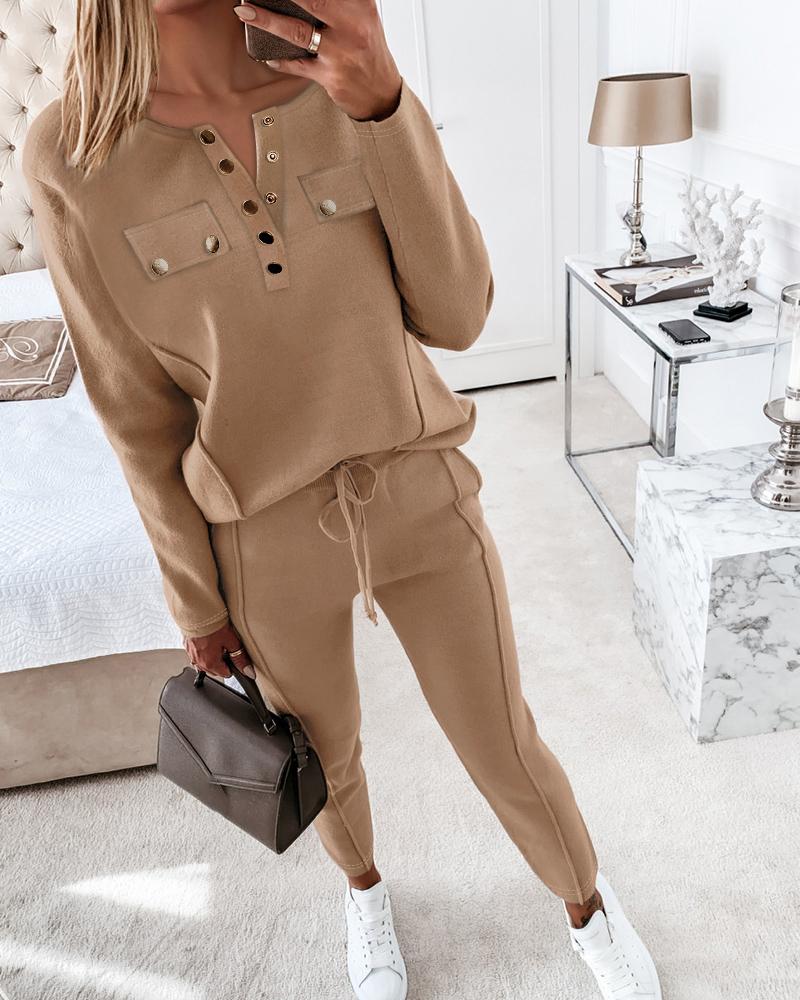 Buttoned Pocket Design Top & Drawstring Pants Set