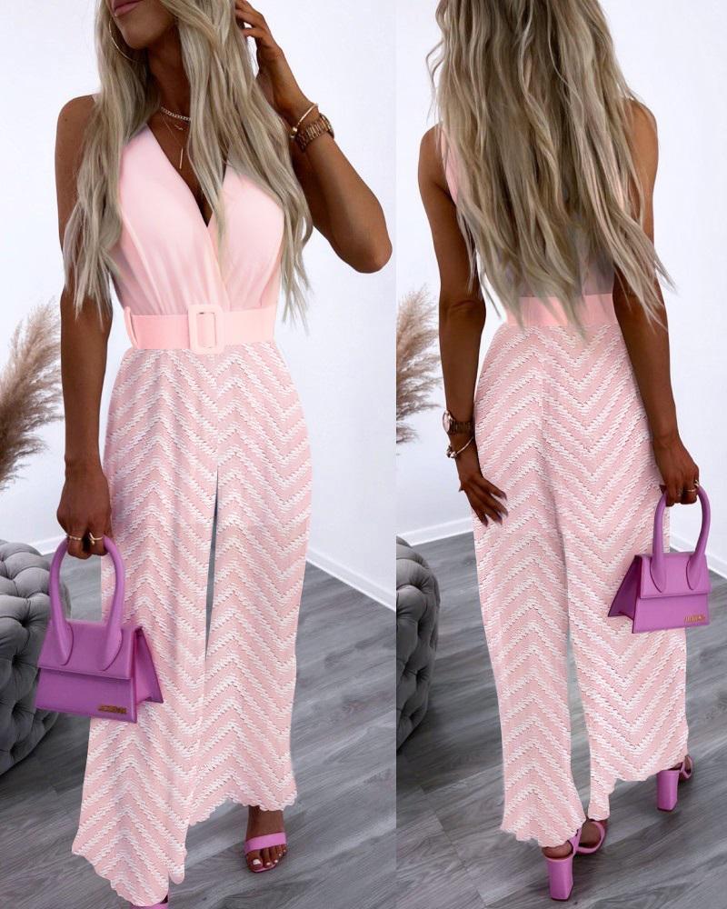 

Chevron Pattern Wide Leg Ruched Jumpsuit, Pink