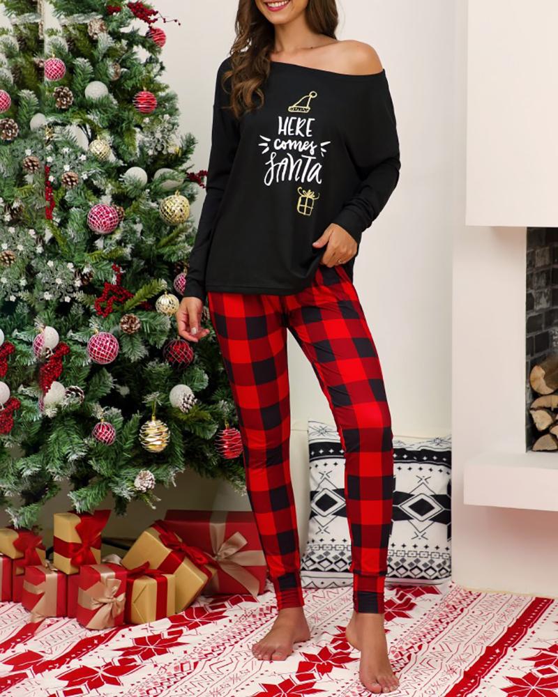

Christmas Letter Graphic Plaid Print Pajamas Set, Black