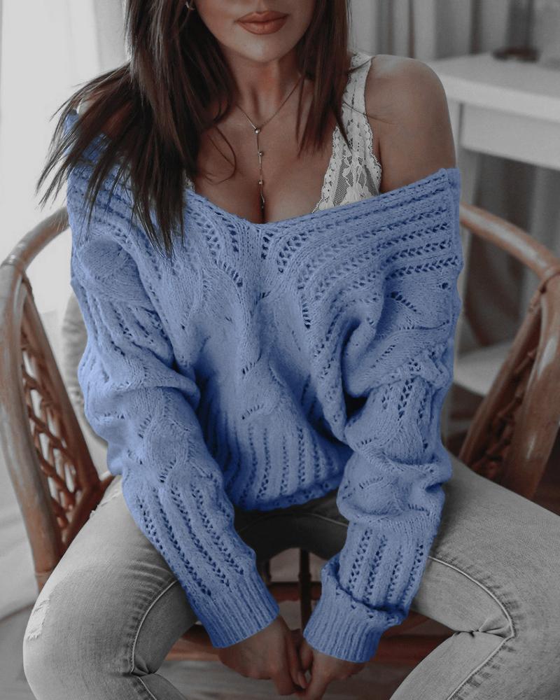 

Knit Hollow Out Long Sleeve Sweater, Blue