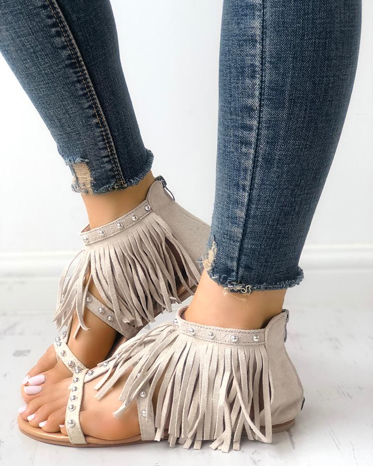 

Rivet Tassel Open Toe Flat Sandals, Beige