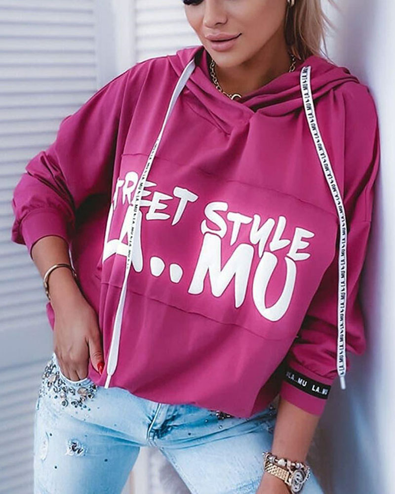 

Letter Print Drop Shoulder Drawstring Hoodie, Hot pink