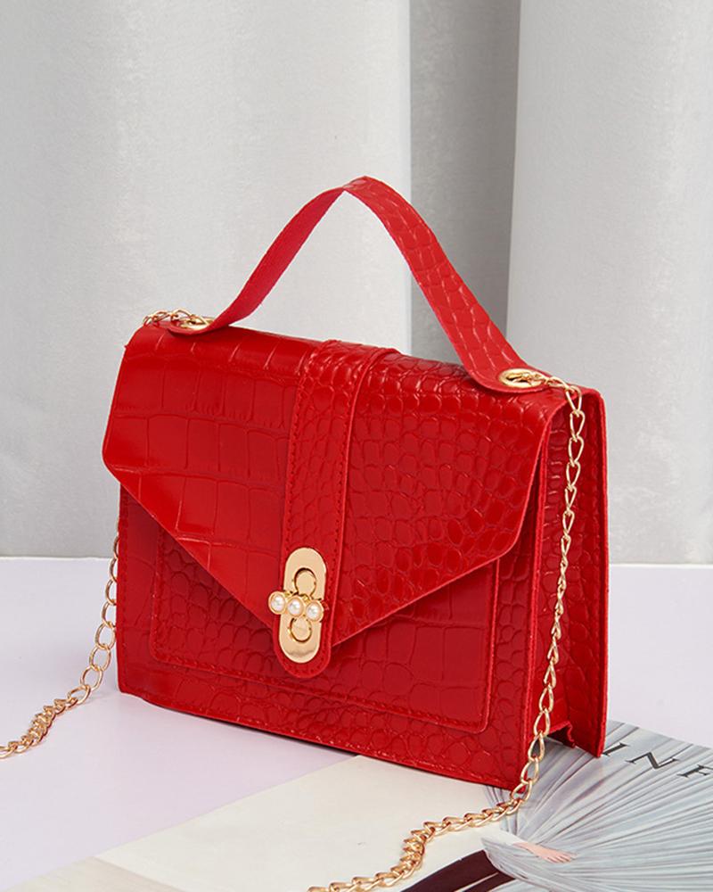 

Crocodile Twist Lock Square Satchel Bag, Red