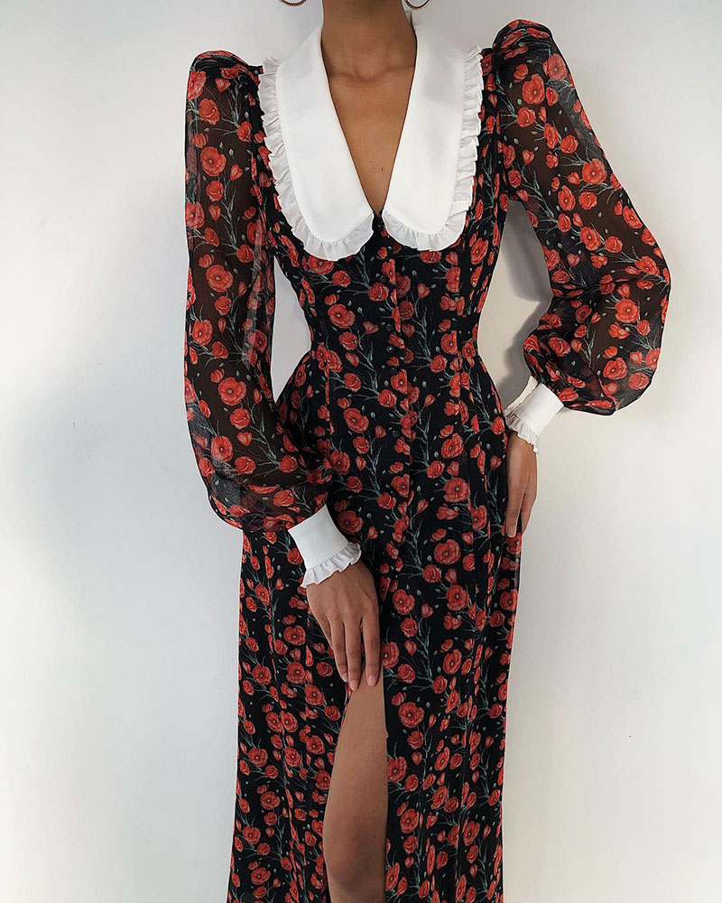 

Floral Print Puff Lantern Sleeve High Slit Dress, Dark red