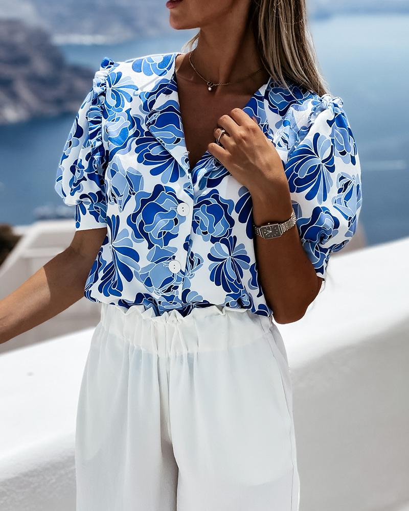 

Floral Print Button Front Puff Sleeve Blouse, Blue