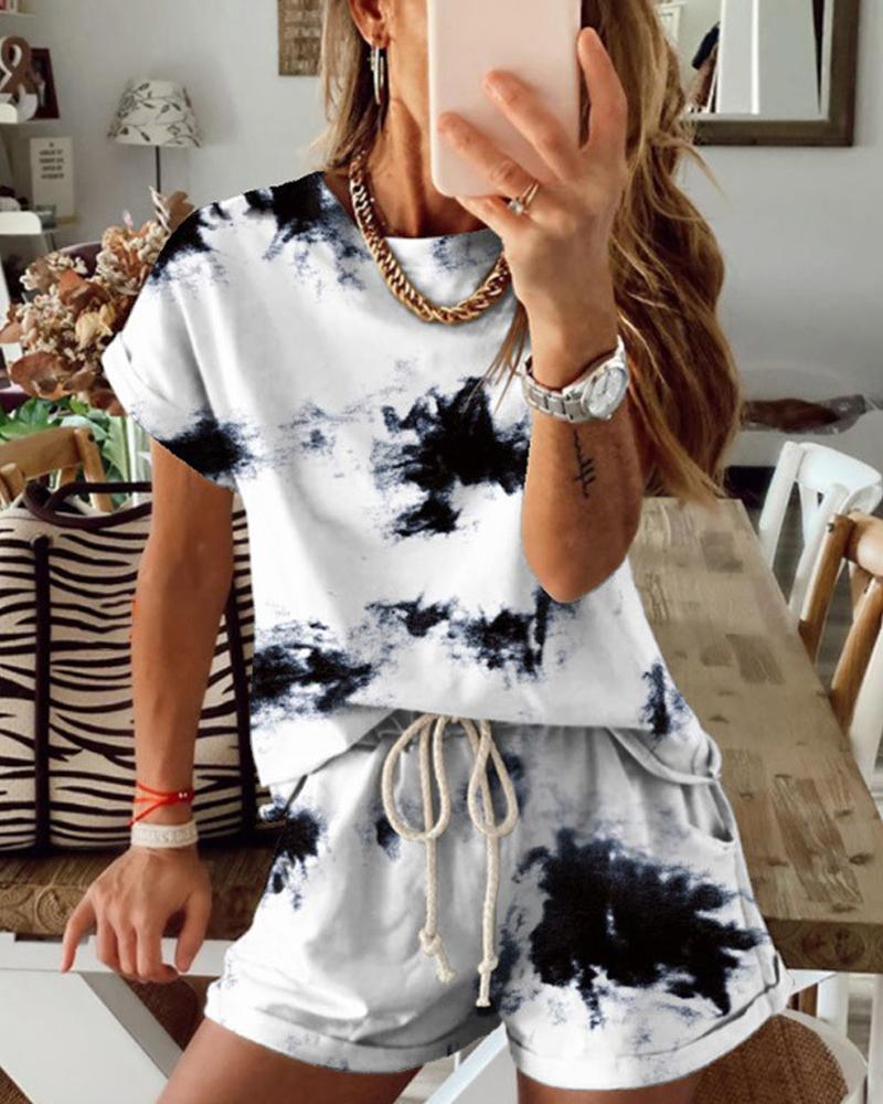 

Tie Dye Print Casual Top & Drawstring Shorts Set, Style2