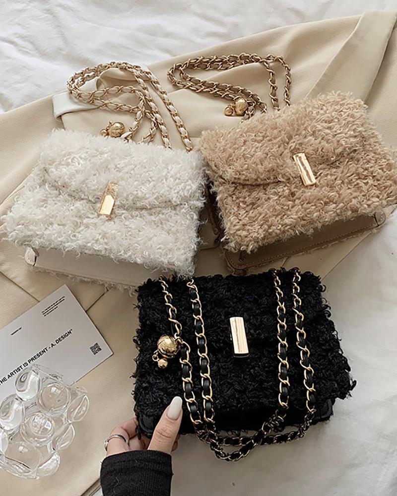

Golden Ball Decor Fluffy Chain Shoulder Bag, Black