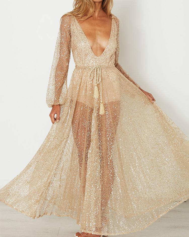 

Sexy Sheer Plunge Sequins Romper Maxi Dress, Gold