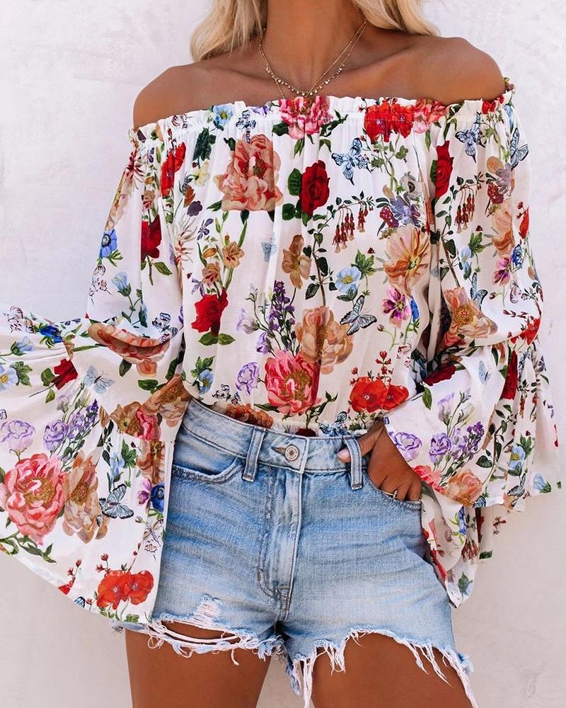 

Multicolor Floral Print Off Shoulder Flared Sleeve Chiffon Shirt