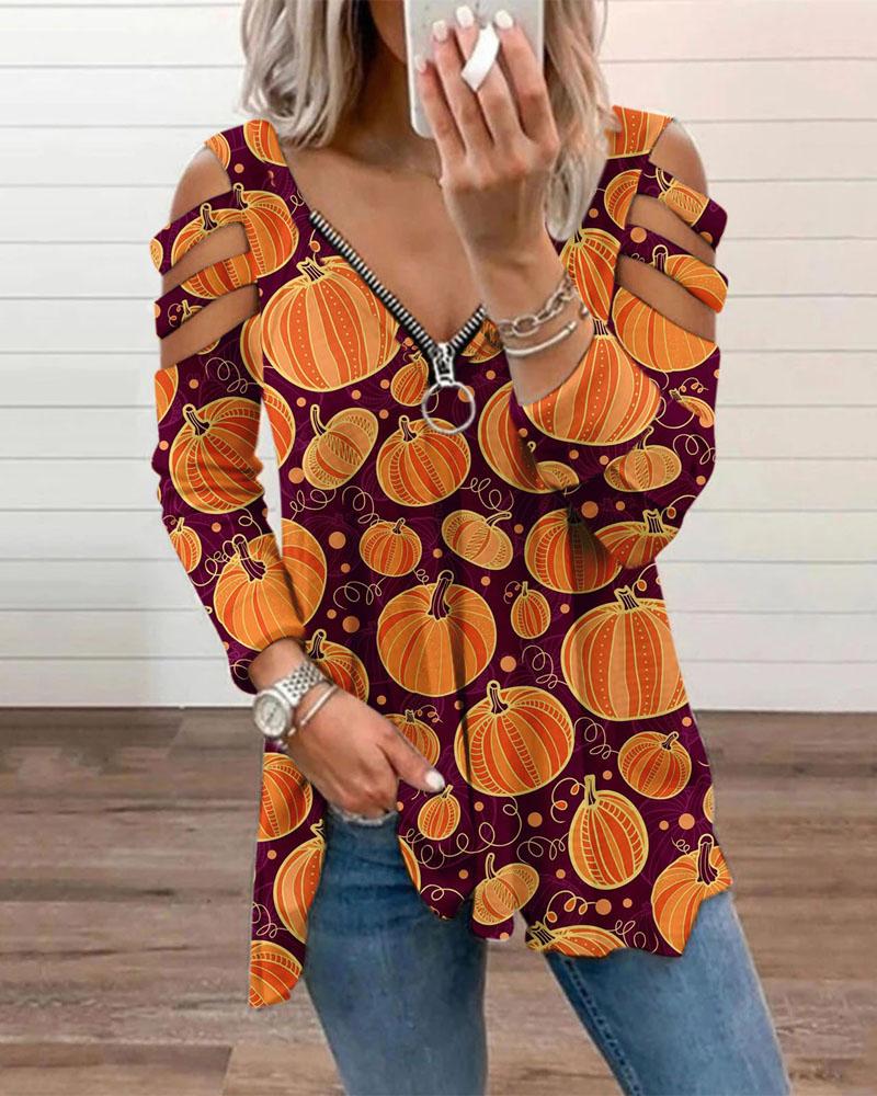 

Halloween Pumpkin Print Zipper Ladder Cut-Out Long Sleeve Top, Style2