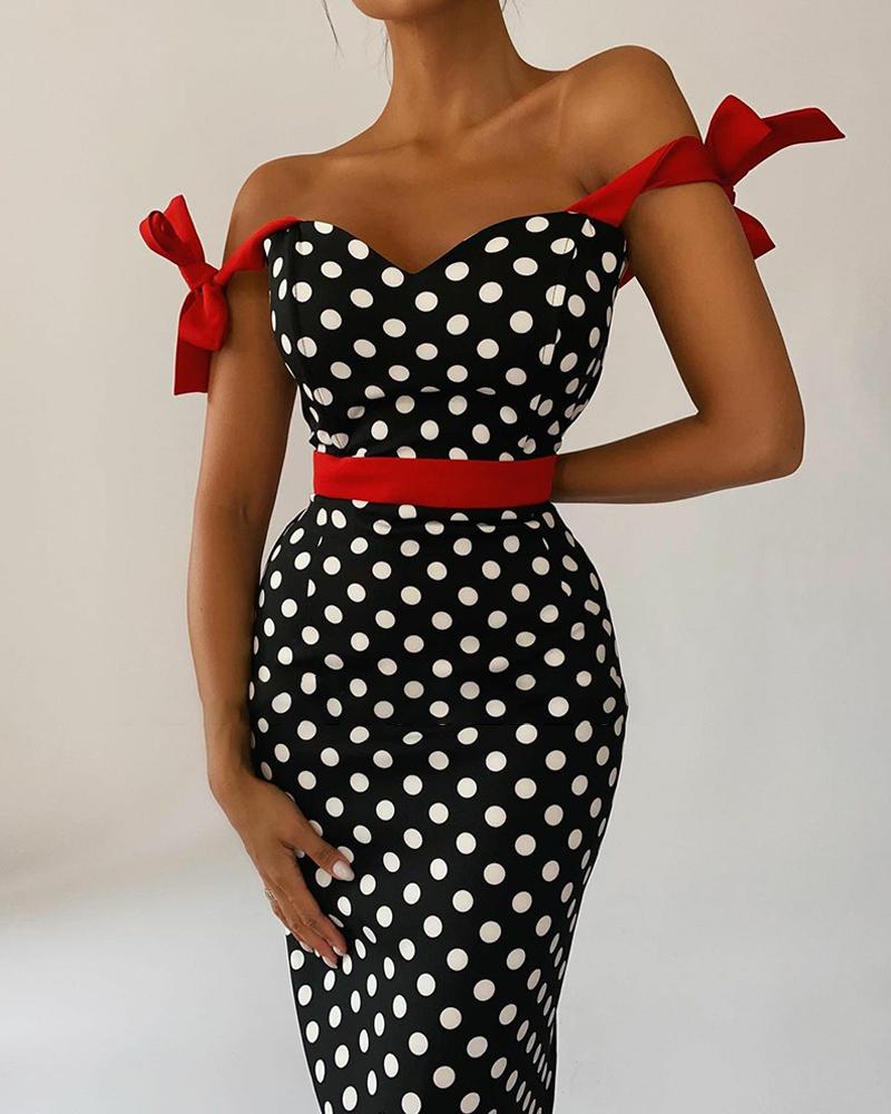 

Polka Dot Knot Shoulder Bodycon Dress Slim Elegant Party Dress, Black