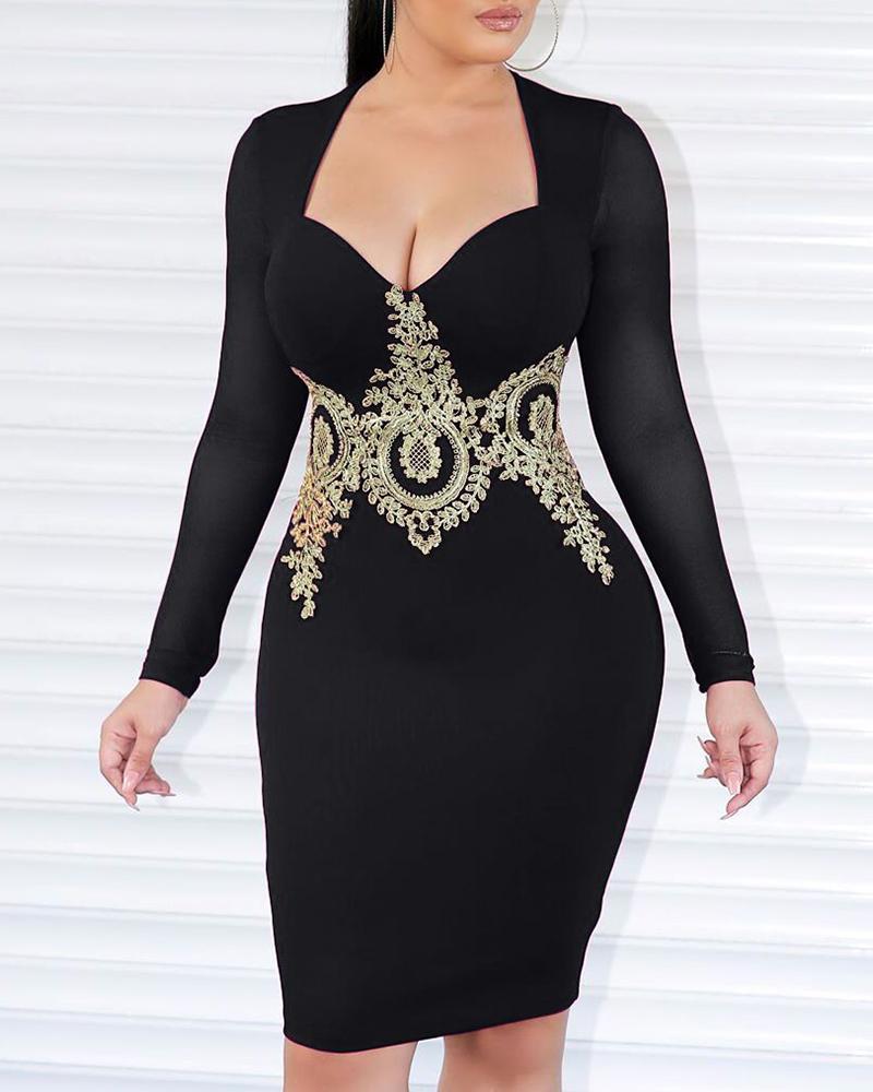 

Print Long Sleeve Bodycon Dress, Black