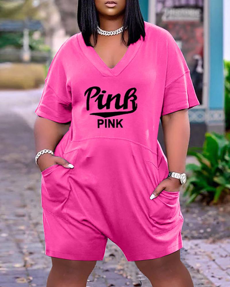 

Pocket Design Letter Print Short Sleeve Romper, Hot pink