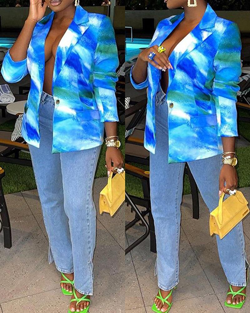 

Tie Dye Print Long Sleeve Lapel Collar Blazer, Blue