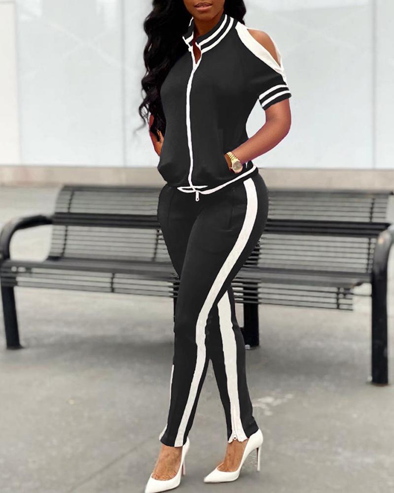 

Cold Shoulder Colorblock Zipper Design Top & Striped Tape Pants Set, Black