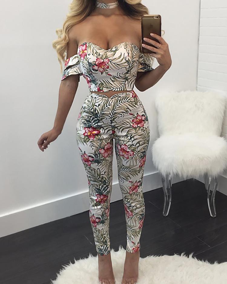 

Vintage Print Strapless Cropped Skinny Pantsuit, White
