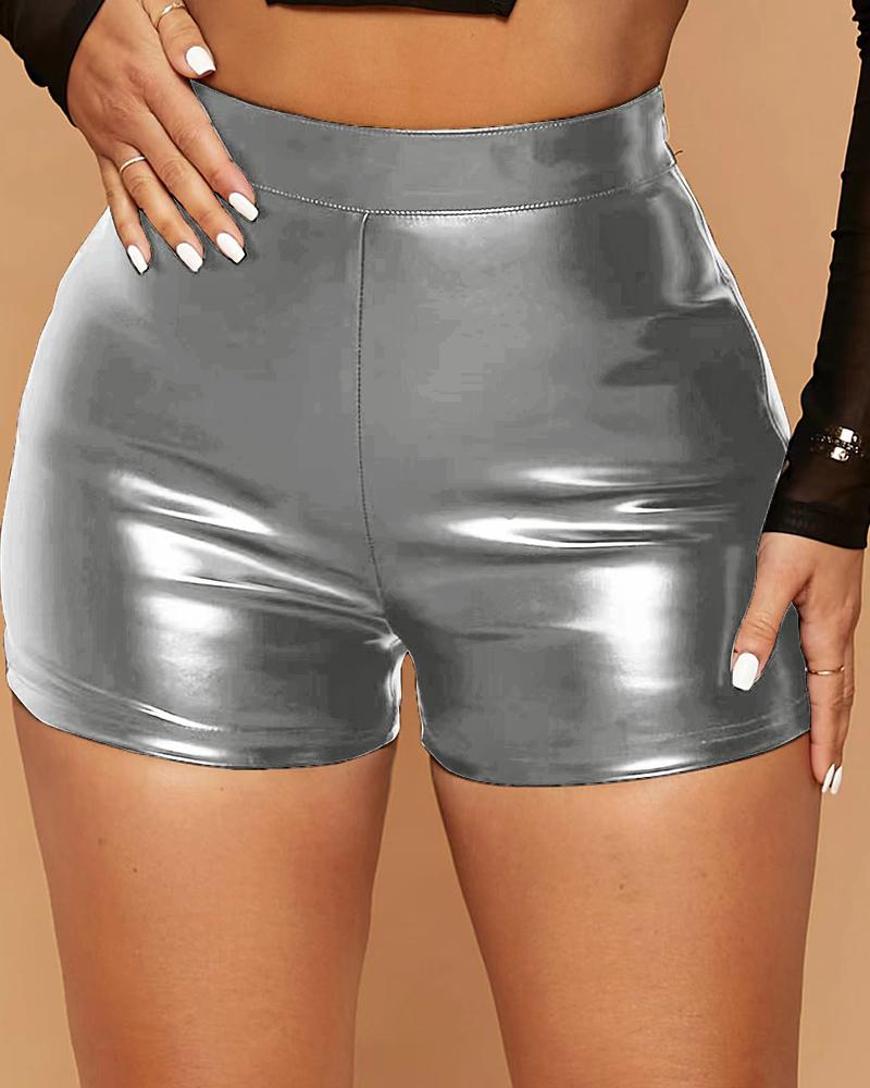 

PU Leather High Waist Shorts, Silver