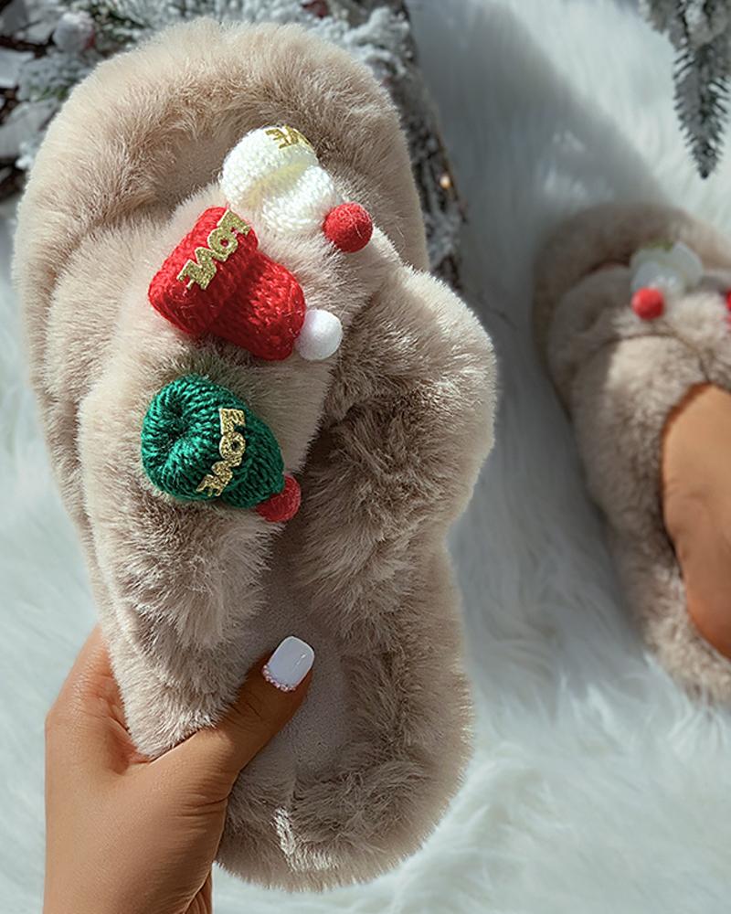 

Christmas Pattern Cross Fluffy Slippers, Khaki