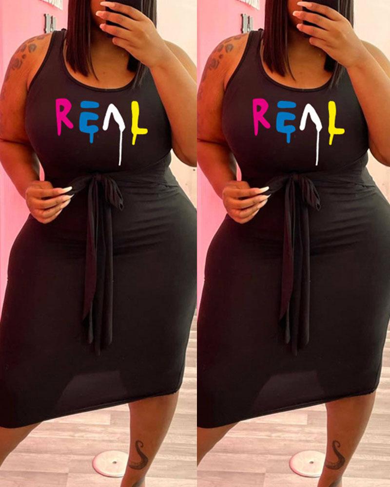 

Plus Size Letter Print Tied Detail Casual Tank Dress, Black