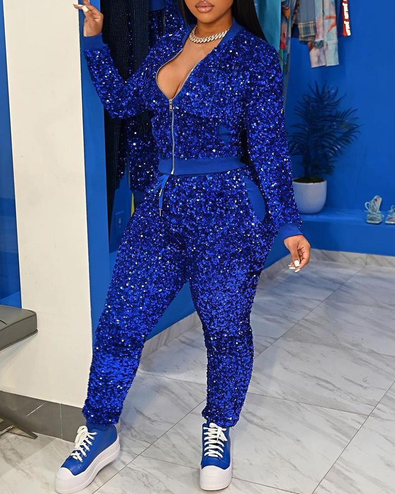 

Zipper Design Sequins Coat & High Waist Pants Set, Blue