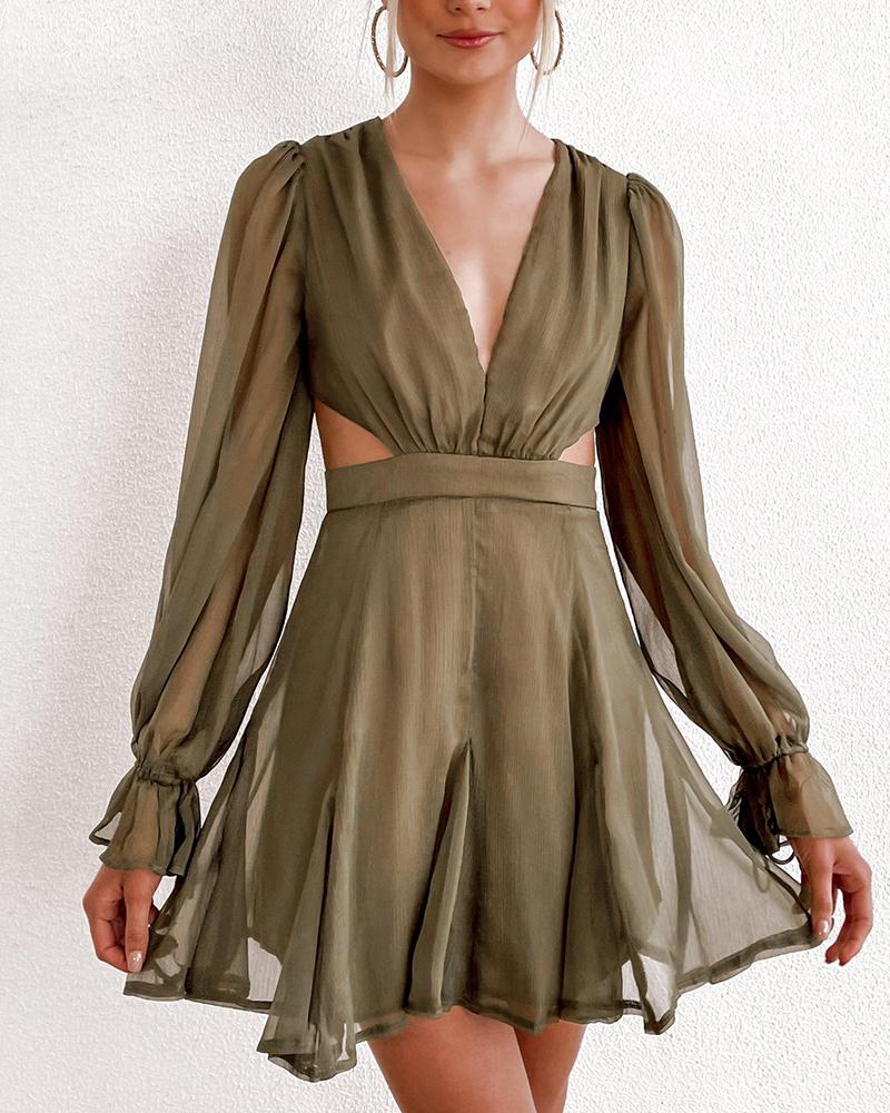 

Solid Long Sleeve See-through Cut-out Mini Dress, Army green