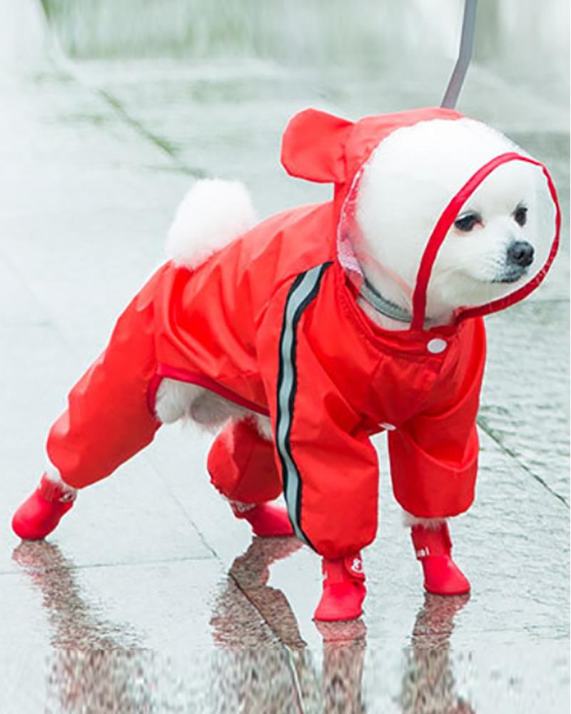 

Cute Pet Dog Raincoat Full Body Coverage with Hat Transparent Brim Reflective Night Light Strip Double Layered Waterproof Rain Jacket, Red