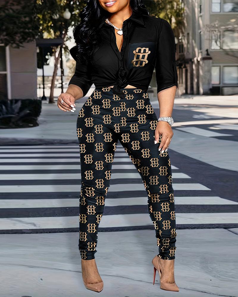 

Plus Size Graphic Print Buttoned Top & High Waist Pants Set, Black