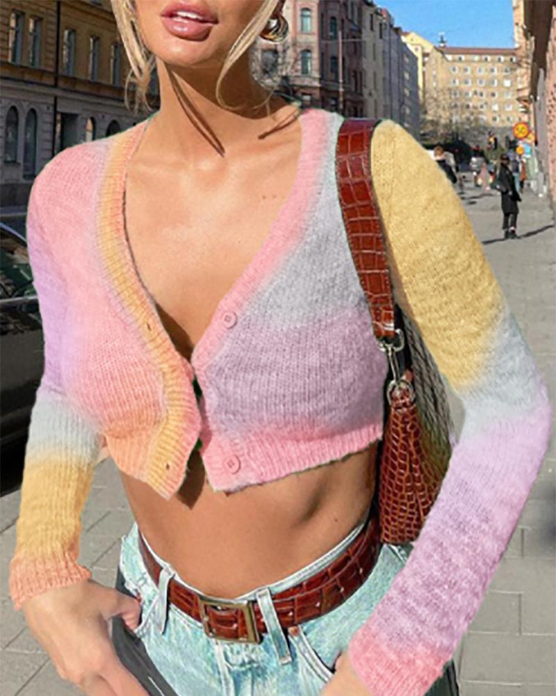 

Colorblock Long Sleeve Button Design Knit Cardigan, Pink