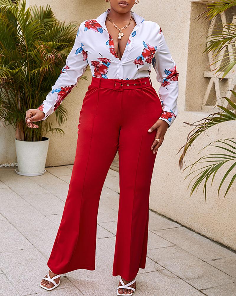 Floral Print Button Down Shirt & Bootcut Pants Set With Belt