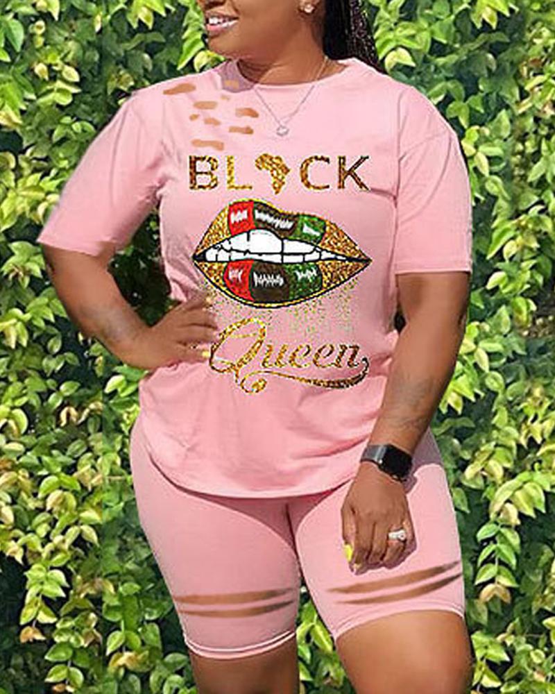 

Black Queen Lip Print Hollow Out Casual Top & Shorts Set, Pink