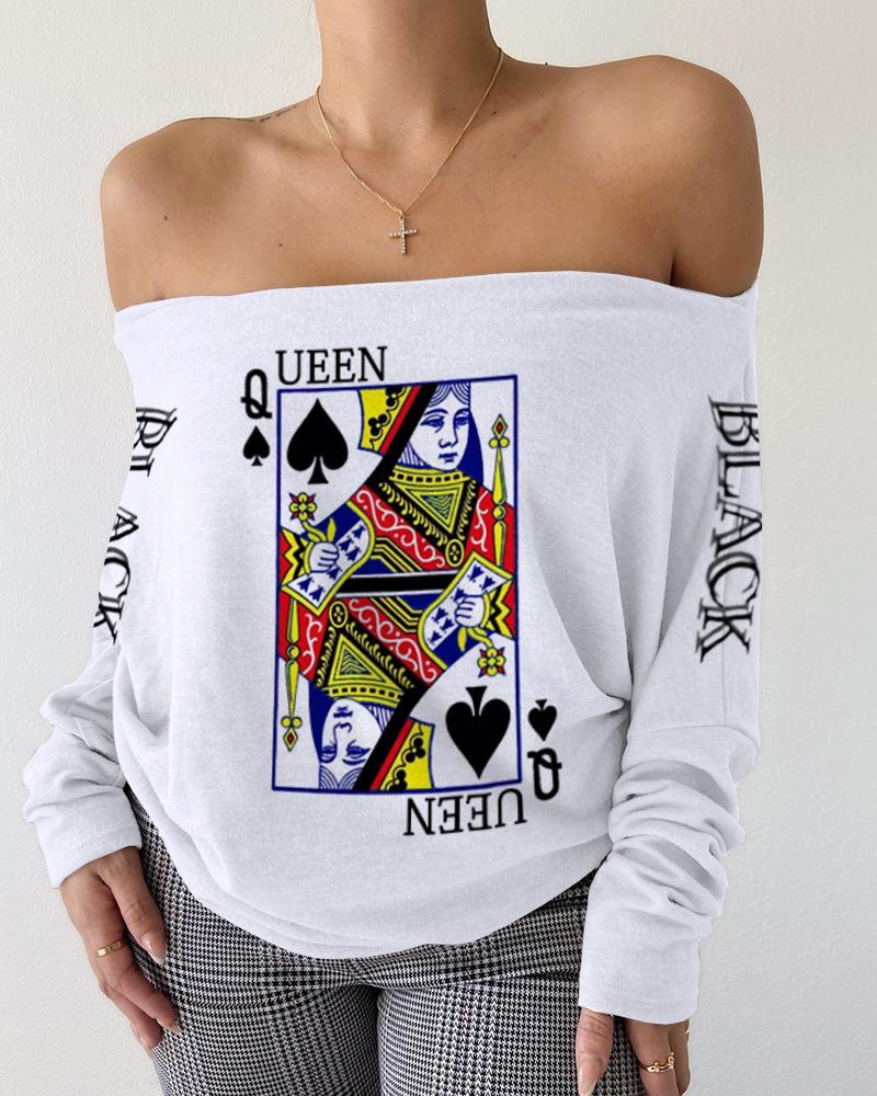 

Off Shoulder Poker Letter Print Top, White