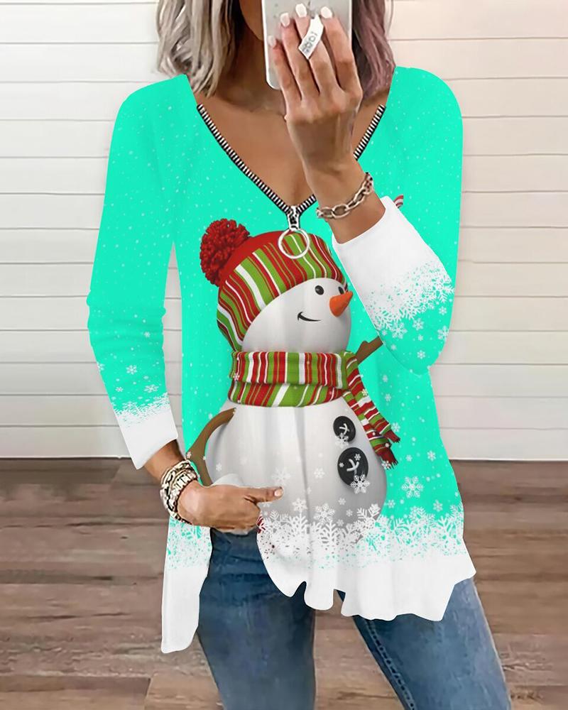 

Christmas Snowman Print Zipper Design Top, Light green