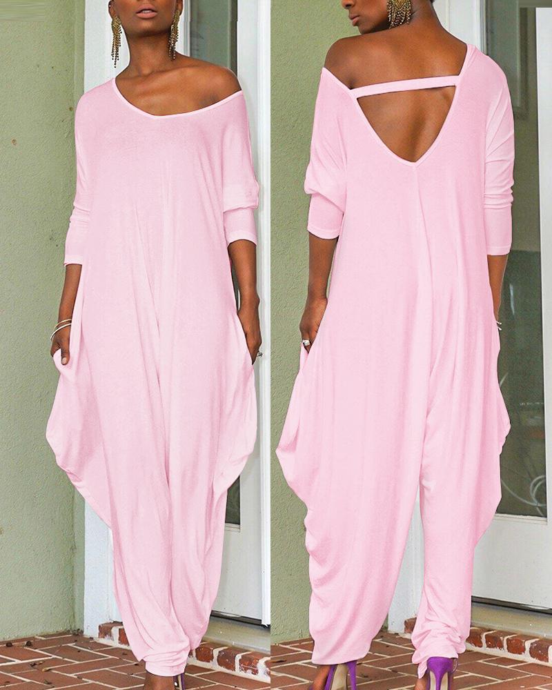 

Long Sleeve V-Neck Harem Jumpsuit, Pink