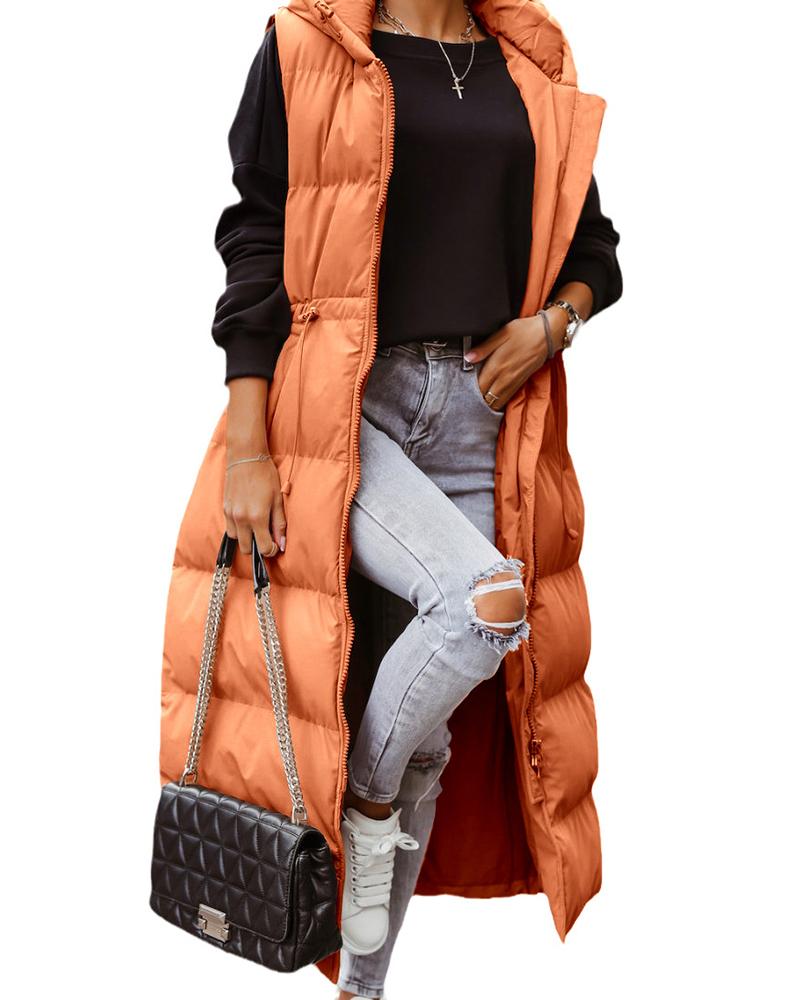 

Drawstring Sleeveless Hooded Quilted Puffer Coat, Orange
