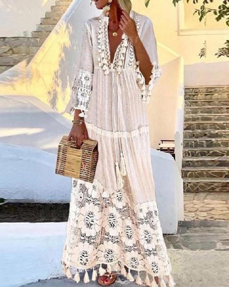 

Solid Long Sleeve Loose Tassel BOHO Dress, Beige