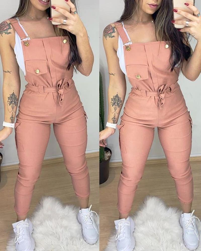 

Pocket Design Plain Suspender Jumpsuit, Pink