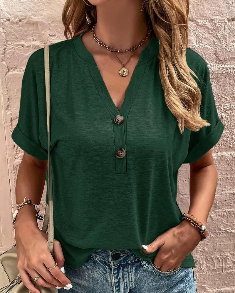 

Buttoned Short Sleeve Casual T-shirt, Green