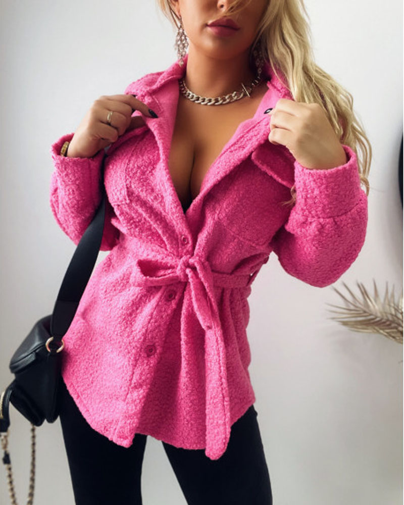 

Long Sleeve Flap Detail Button Down Belted Teddy Shacket, Hot pink