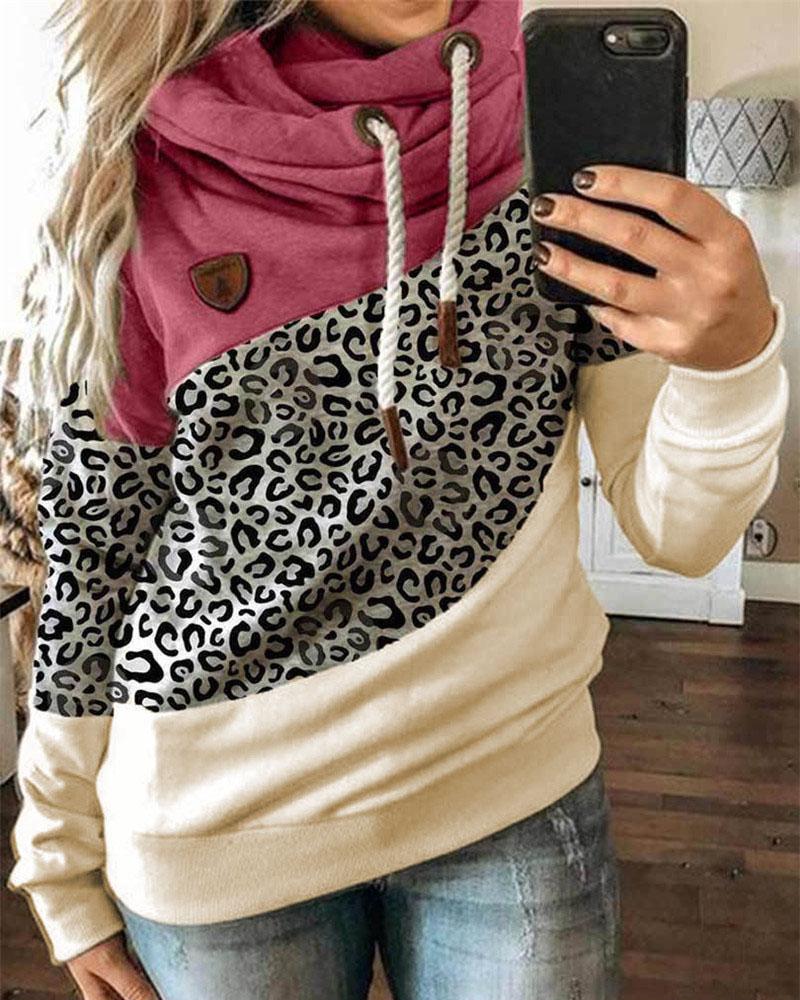 

Leopard Print Colorblock Lantern Sleeve Hooded Top, Hot pink