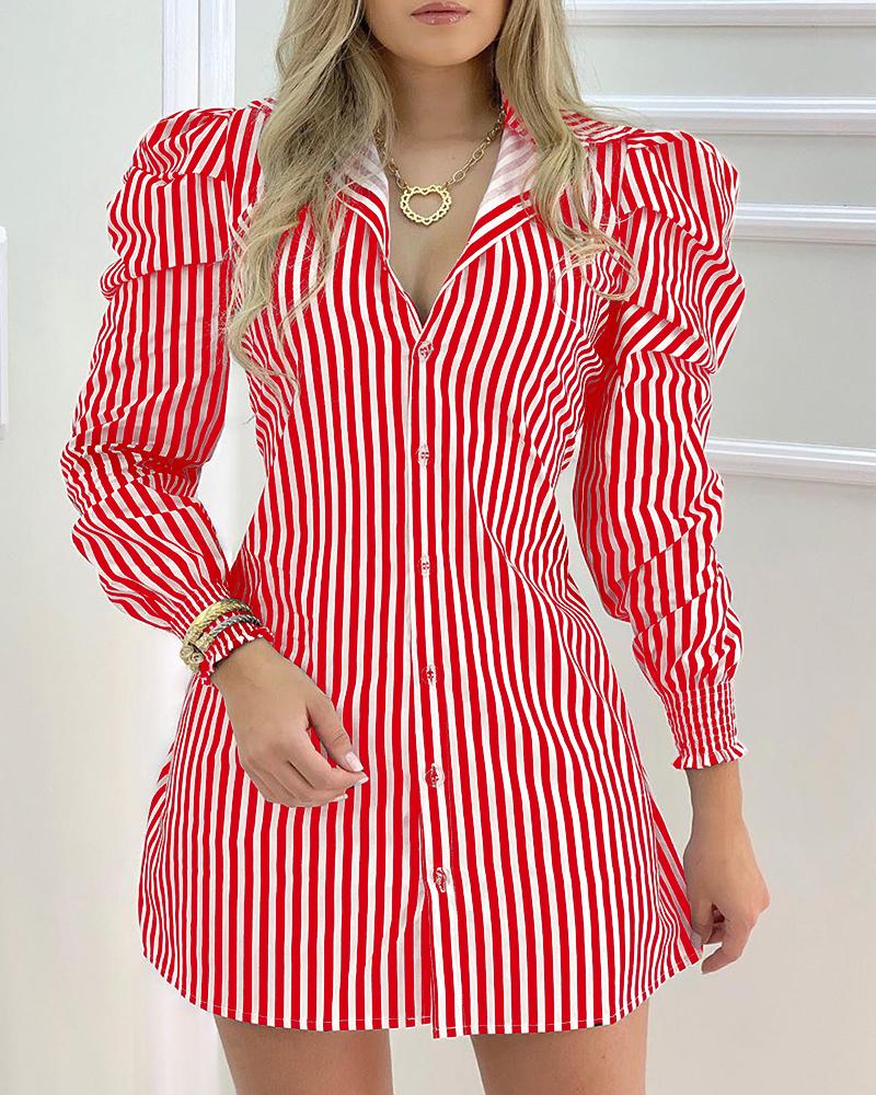 

Striped Button Design Puffed Sleeve Shirt Dress, Red