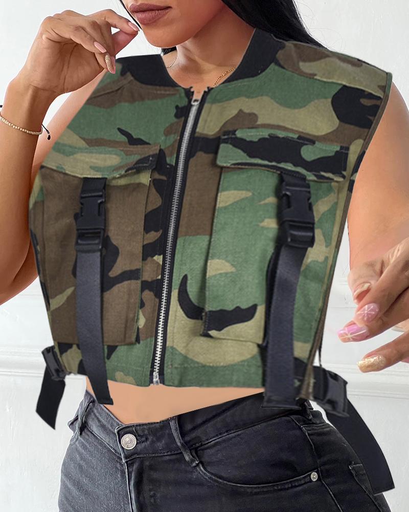 

Camouflage Print Buckled Zipper Pocket Design Tank Top, Green