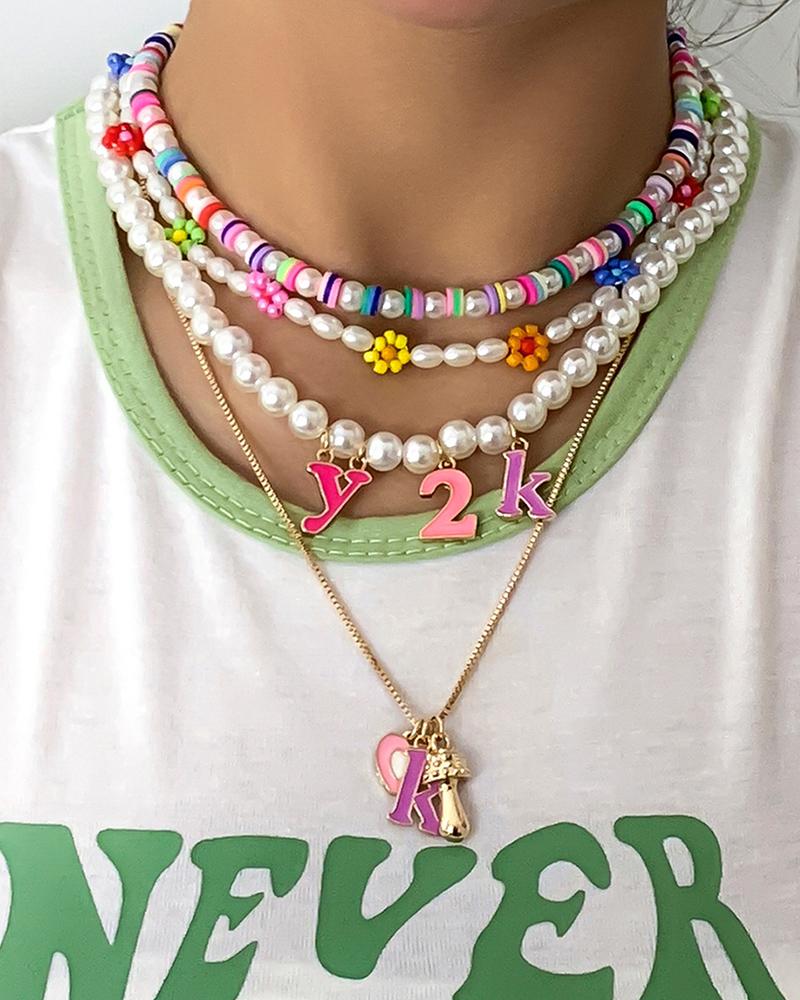 

4pcs Beaded Pearls Numbers Floral Graphic Pendant Necklace, Gold